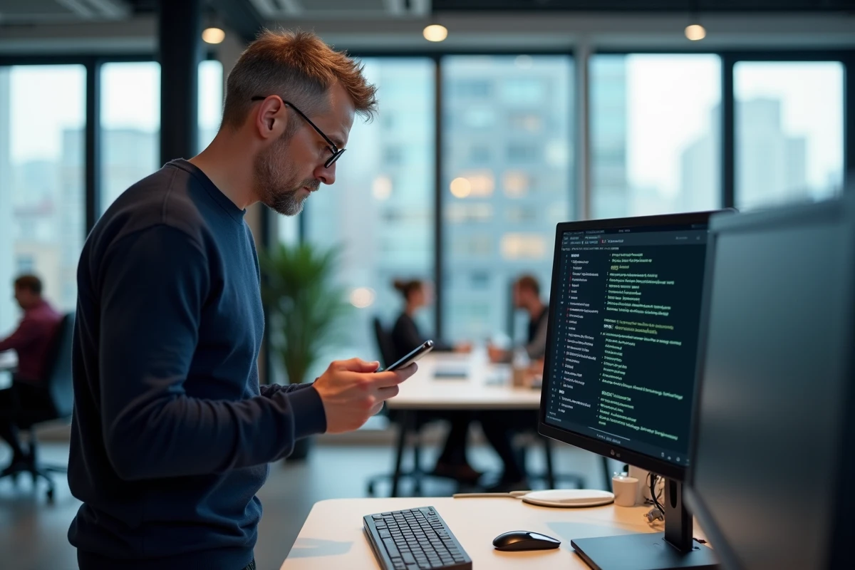 Homme en open space consultant son téléphone et son écran pour résoudre un problème de connexion