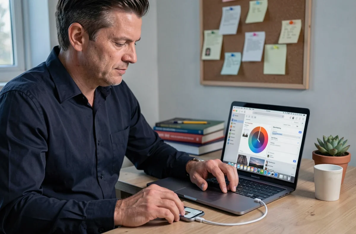 Homme connectant son iPhone à un MacBook pour transférer une sonnerie audio via iTunes ou Finder