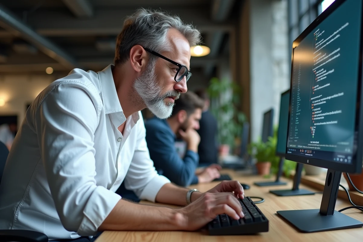Homme en open space observant les symboles sur un clavier mécanique AZERTY devant un écran affichant du texte français