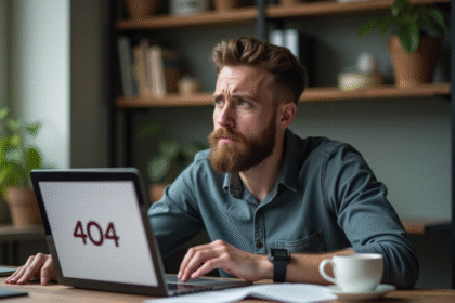 Homme barbu regardant un écran 404 dans un bureau moderne