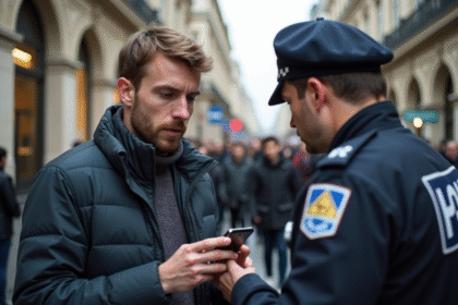 Homme parisien avec police et smartphone en extérieur