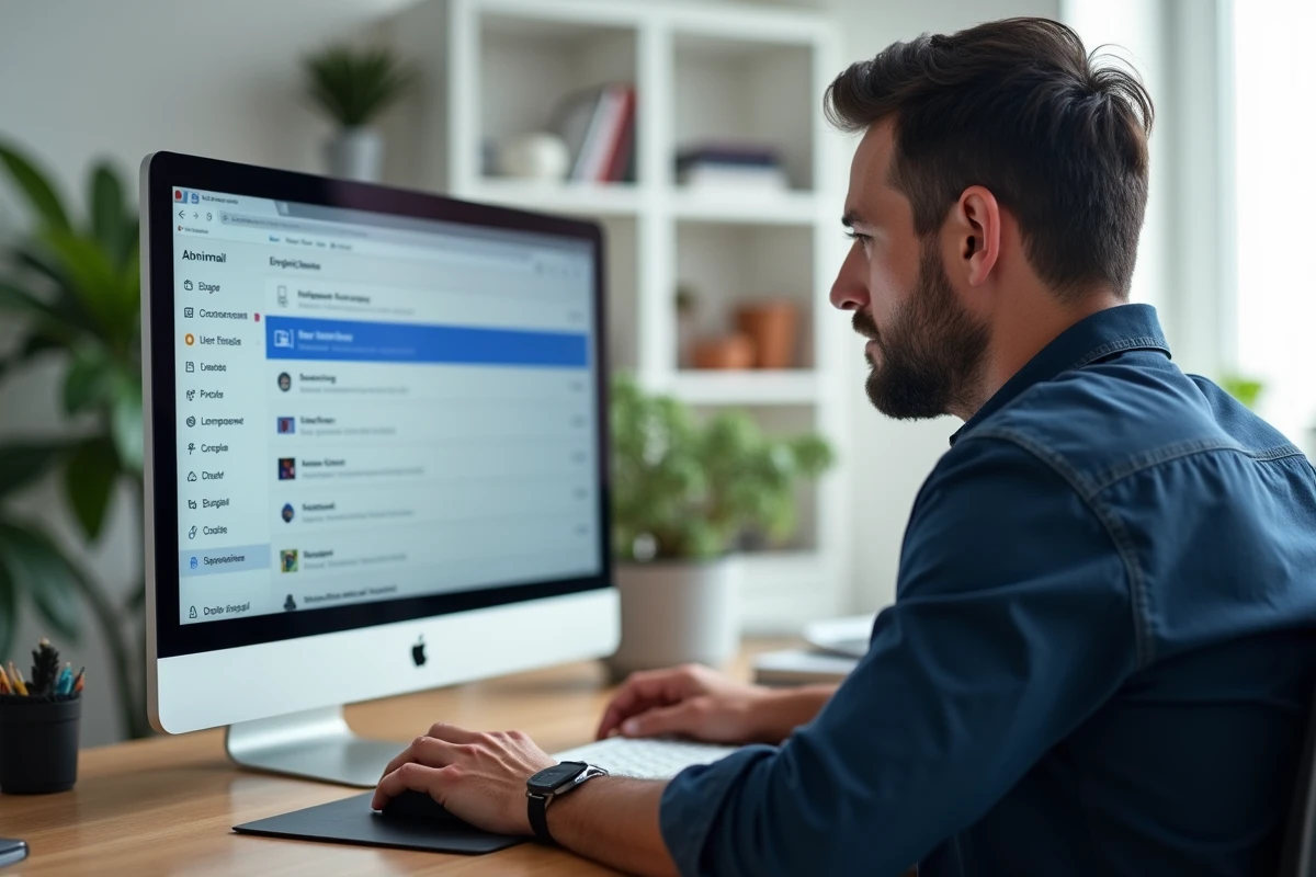 Homme consultant les paramètres de langue d'AOL Mail en français sur un ordinateur de bureau dans un bureau à domicile moderne