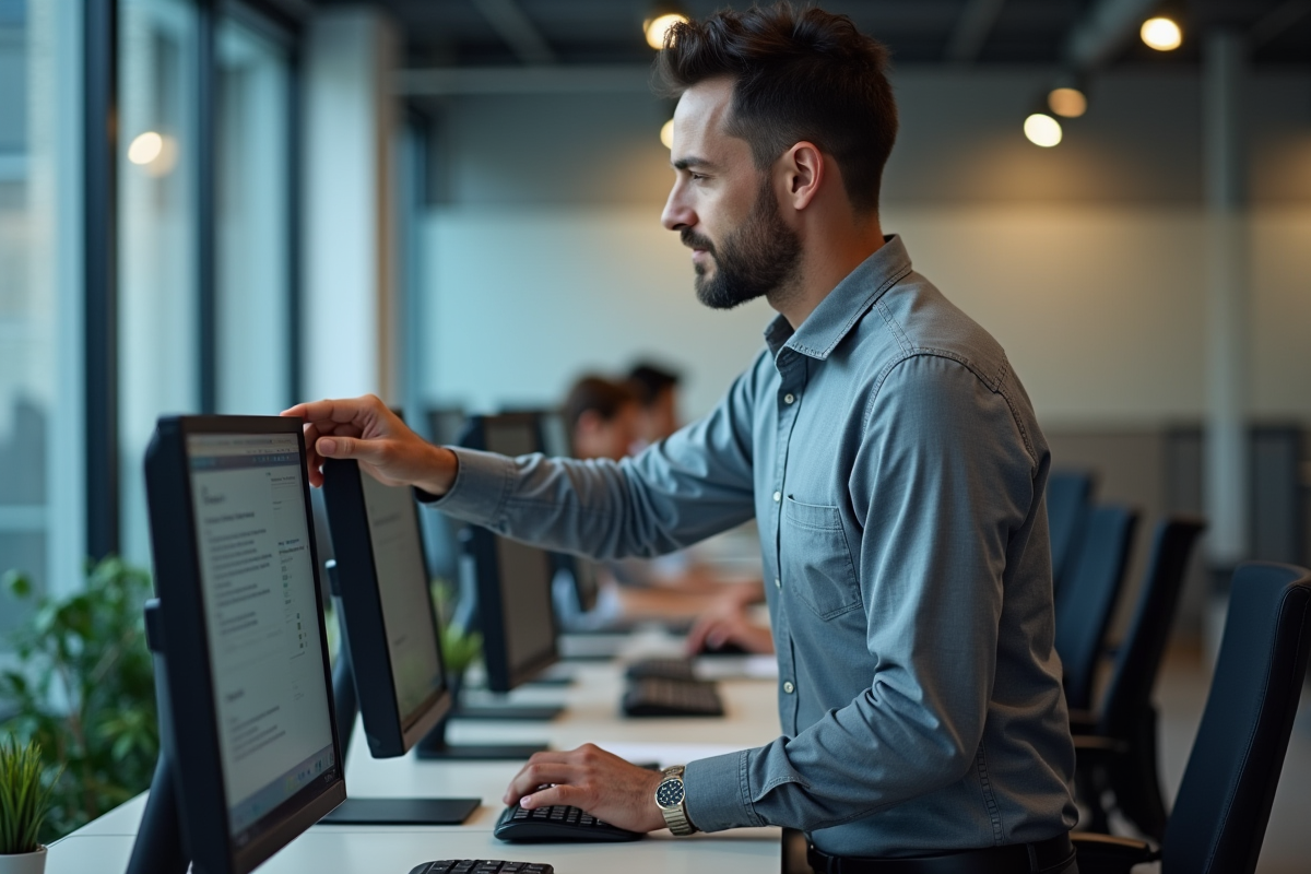 Homme IT pose un filtre de confidentialité sur un écran d