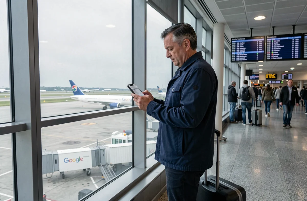 Homme consultant Google sur smartphone dans un terminal d'aéroport international pour préparer son voyage aux États-Unis