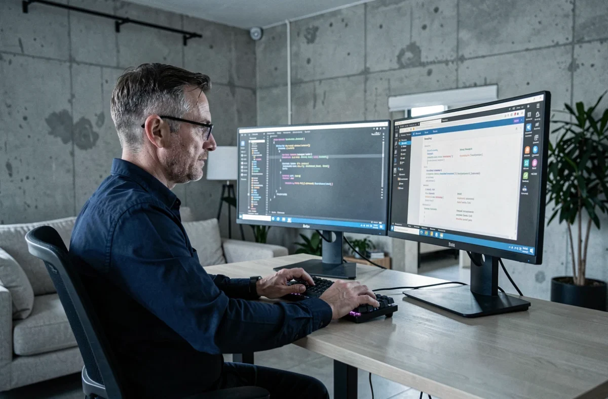 Homme en télétravail avec une configuration double écran 27 pouces dans un appartement moderne