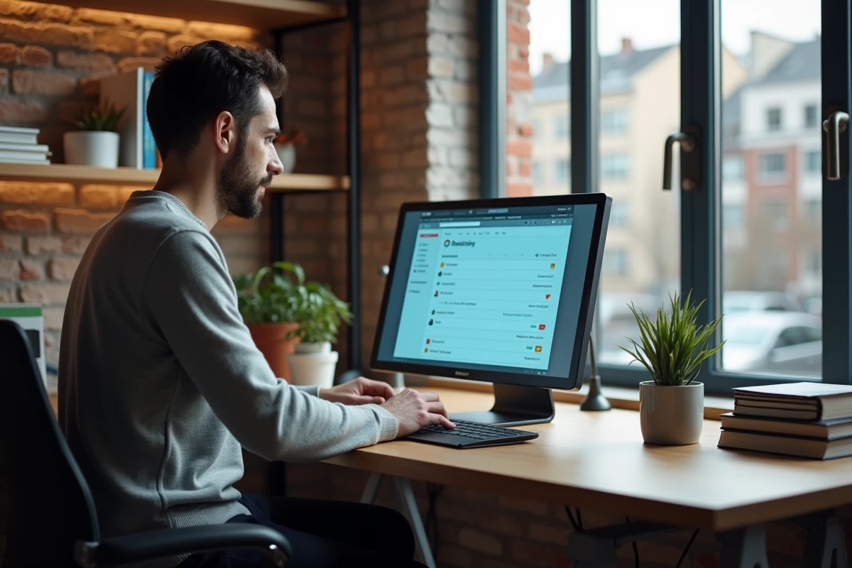 Homme en télétravail gérant sa messagerie professionnelle Mélanie 2 sur ordinateur portable dans un bureau à domicile