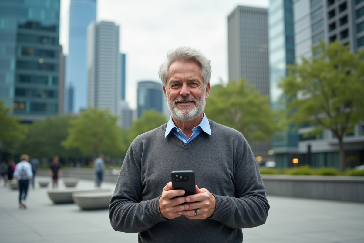 Homme dans la ville tenant un smartphone confiant