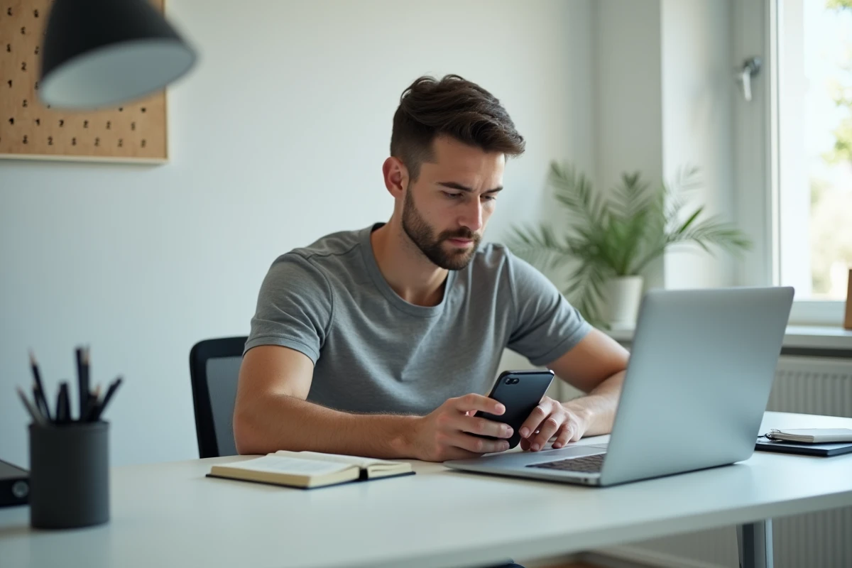 Homme vérifiant les mises à jour du Samsung A51 sur un bureau minimaliste à domicile