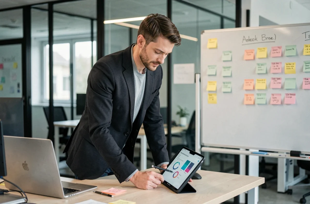 Consultant Icsis pilotant un projet de transformation numérique dans un bureau technologique moderne