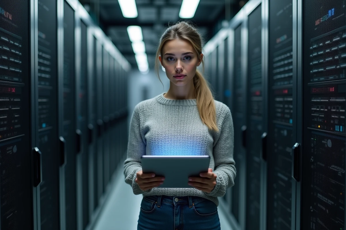 Femme en tenue casual vérifiant un serveur avec une tablette