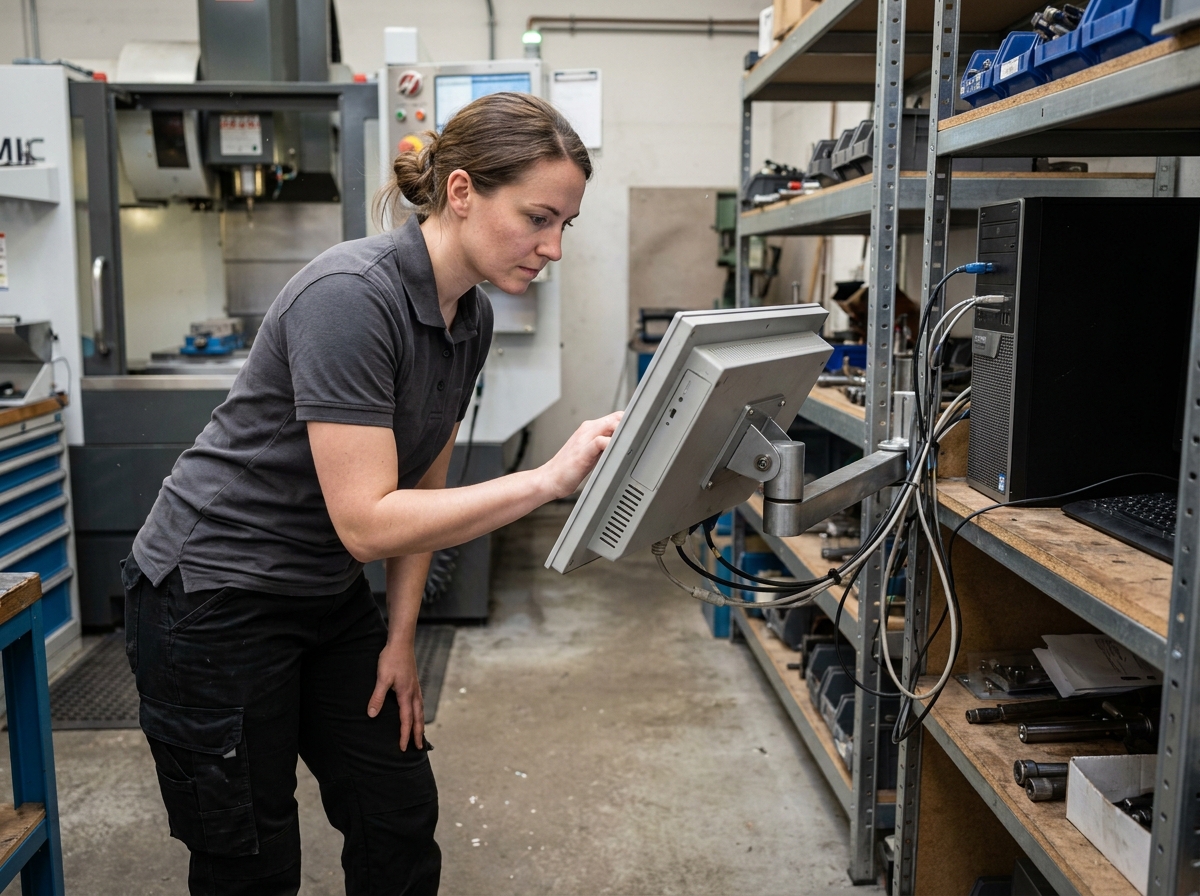 Ingénieure utilisant un PC industriel sur bras articulé dans un petit atelier avec CNC, ordinateur de bureau visible en arrière-plan