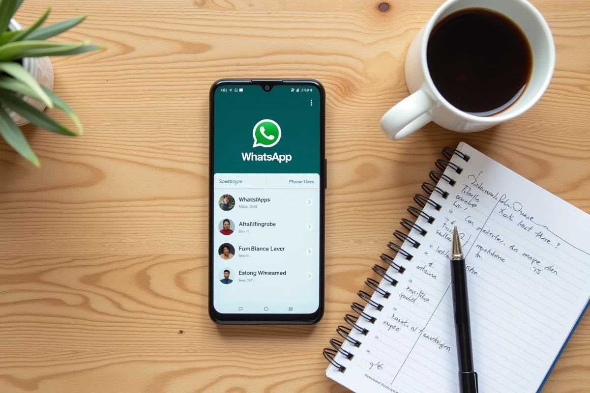 Vue aérienne d'un smartphone avec l'interface de programmation de messages WhatsApp posé sur un bureau en bois avec un carnet de notes