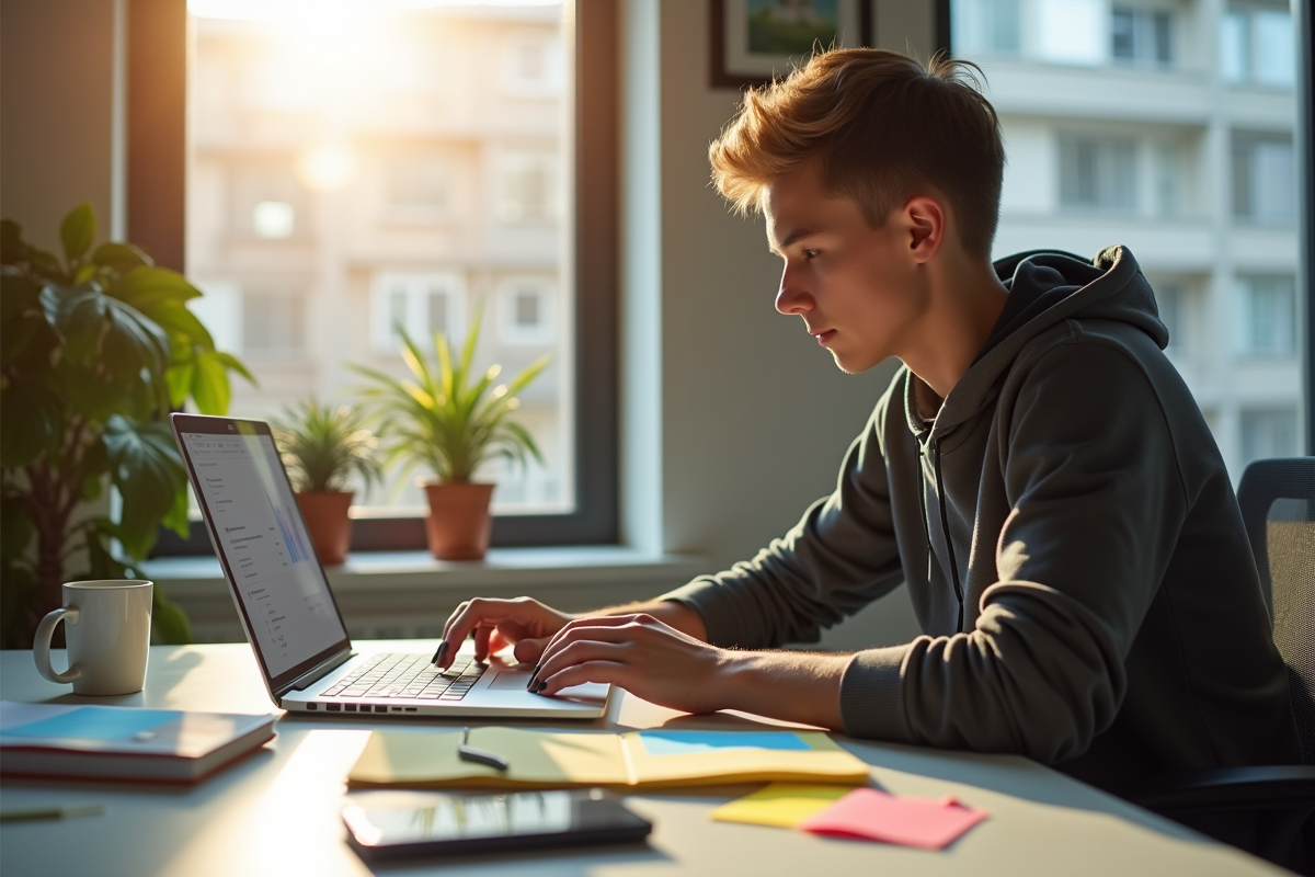 Jeune adulte concentré travaillant sur un ordinateur dans un bureau lumineux