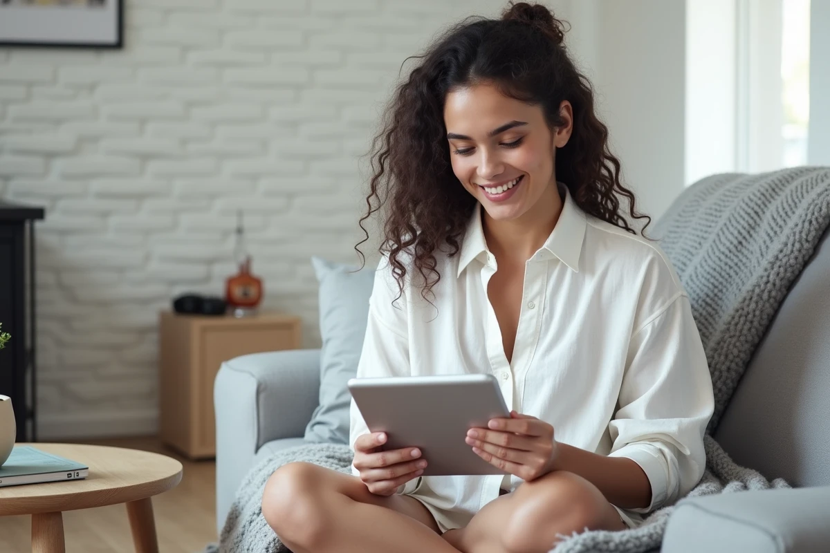 Jeune femme souriante consultant sa messagerie AOL Mail en français sur une tablette depuis son canapé