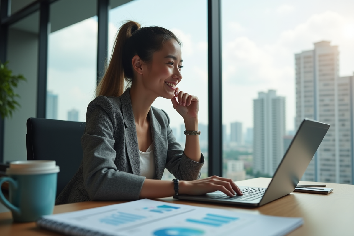 Jeune femme en blazer regardant son ordinateur dans un bureau moderne