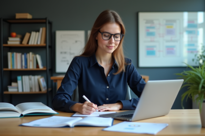 Jeune femme en bureau étudiant avec ordinateur et diagrammes
