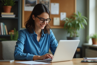 Jeune femme professionnelle souriante tapant un email dans un bureau moderne