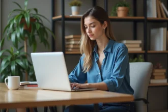 Jeune femme au bureau avec ordinateur portable pour {titre}