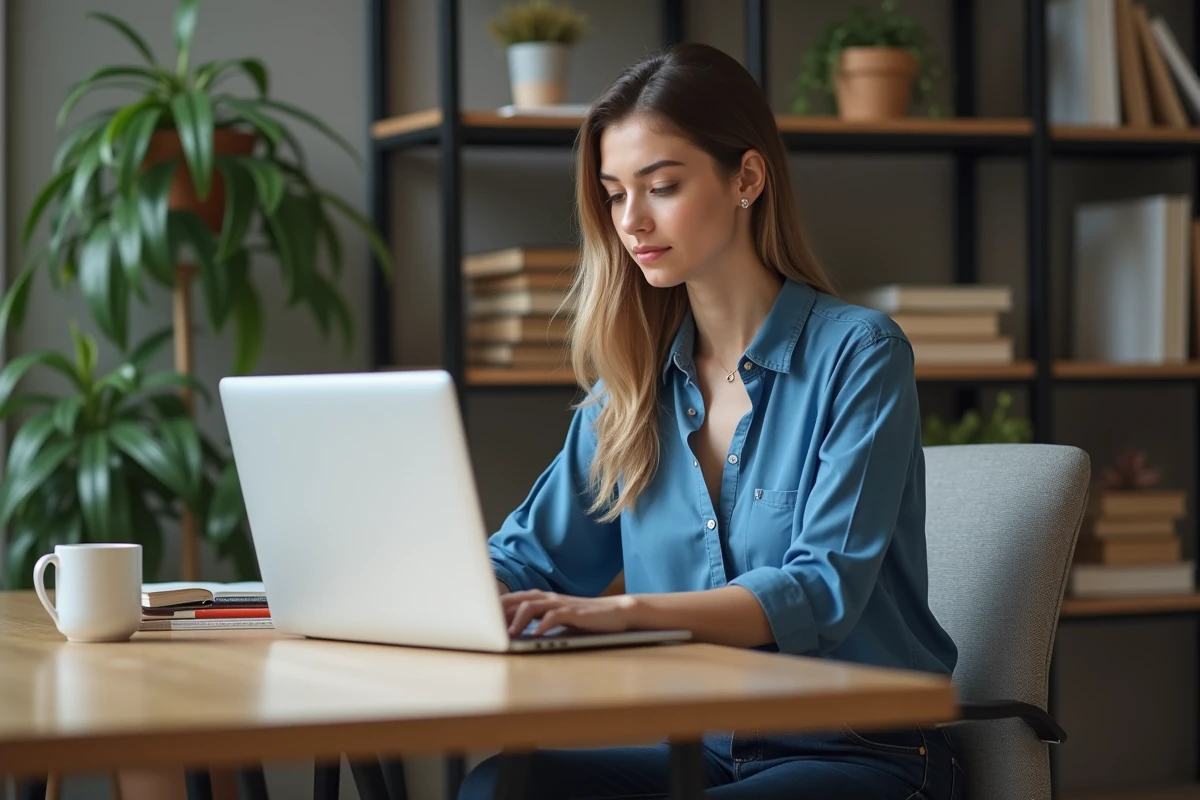 Jeune femme au bureau avec ordinateur portable pour {titre}