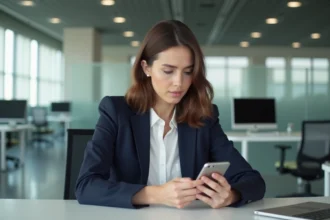 Jeune femme professionnelle regardant son smartphone au bureau