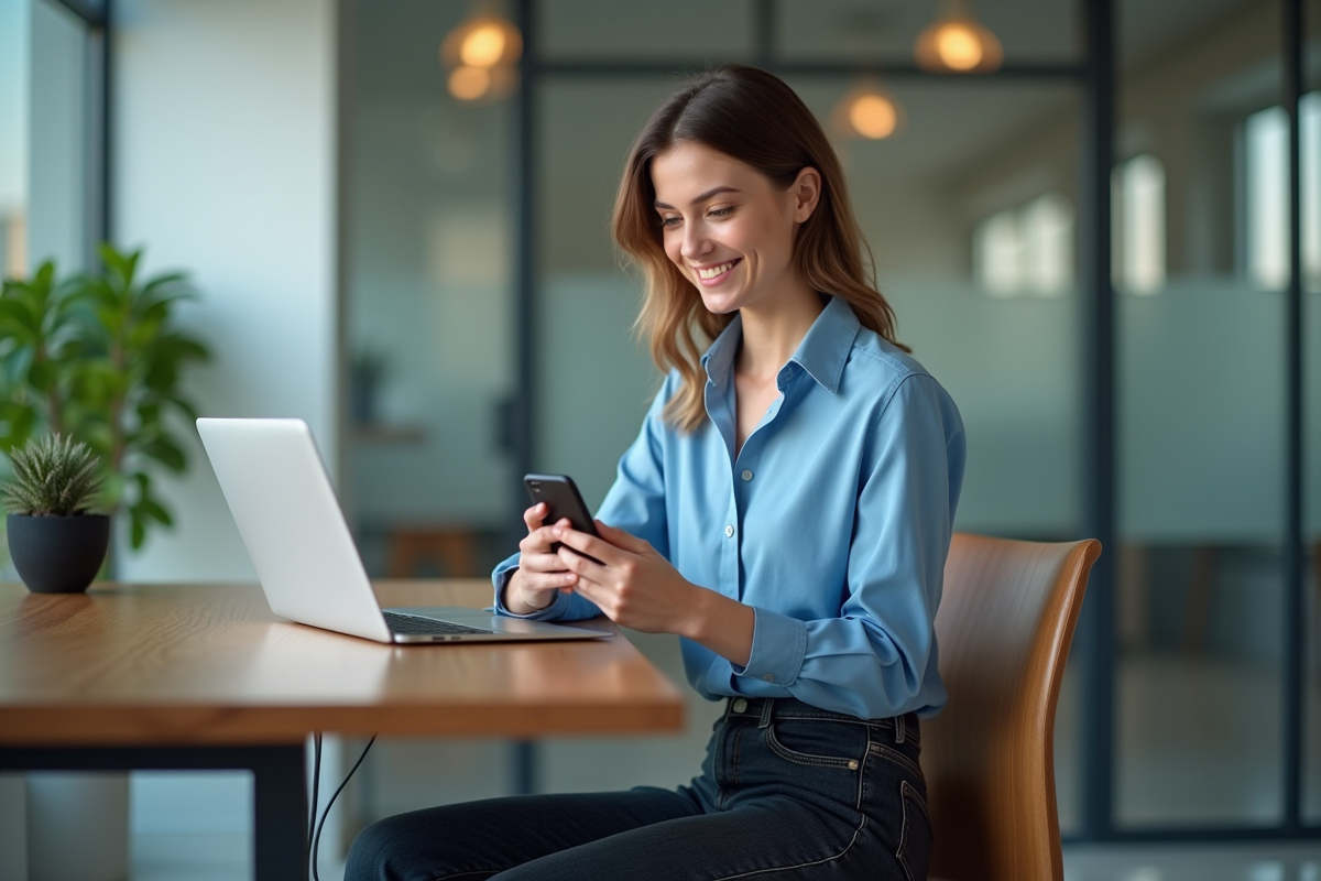 Jeune femme au bureau utilisant son smartphone pour naviguer