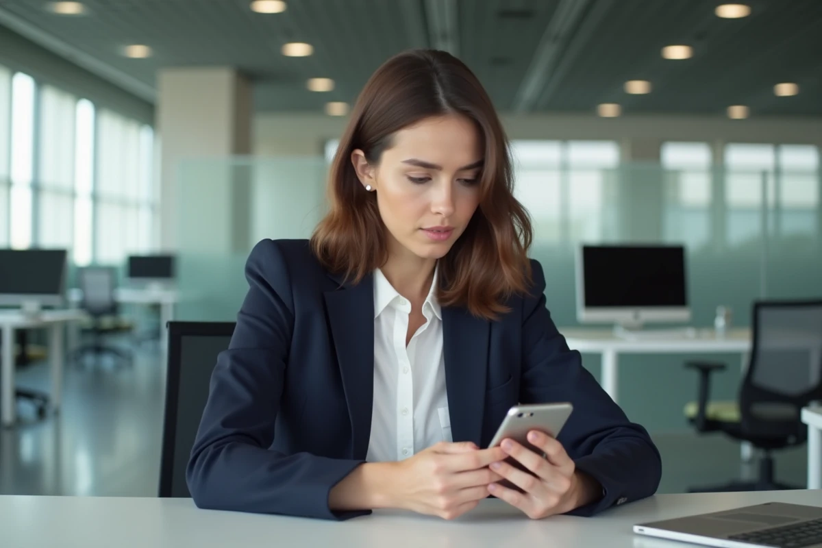 Jeune femme professionnelle regardant son smartphone au bureau