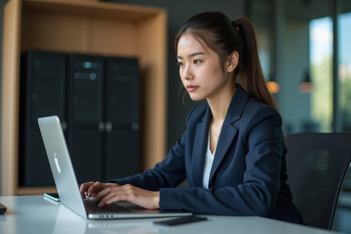 Jeune femme professionnelle en costume navy au bureau