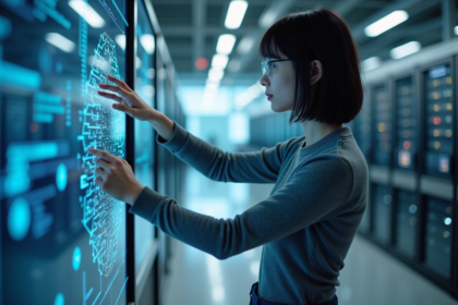 Jeune ingénieure étudie un réseau neuronal sur un écran