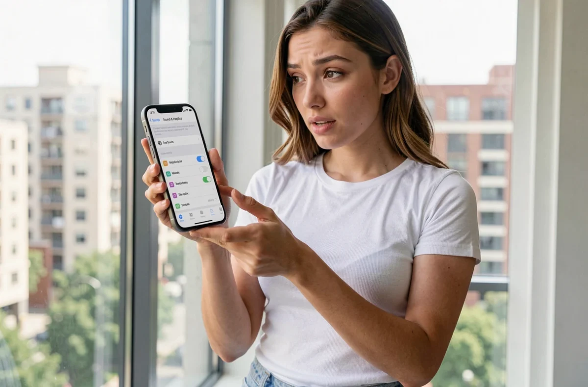 Jeune femme configurant les paramètres de sonnerie sur iPhone dans un appartement urbain lumineux