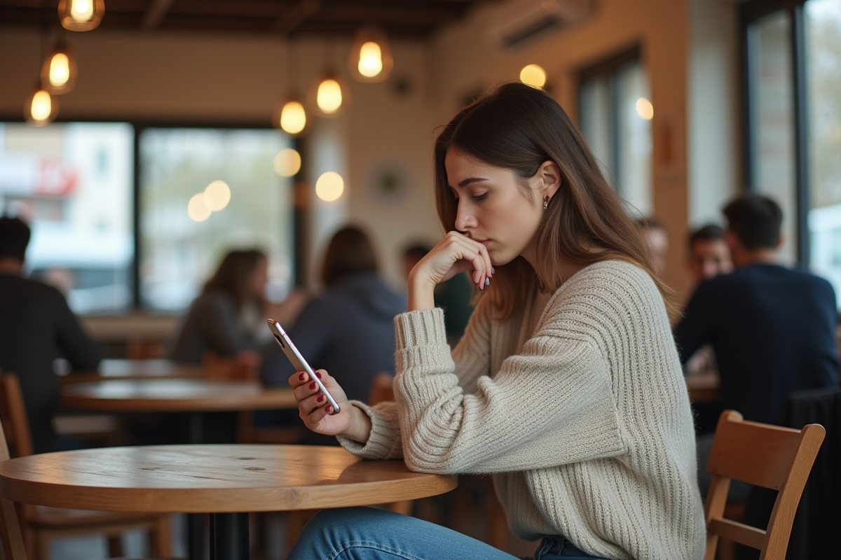 Jeune femme utilisant son smartphone dans un café lumineux