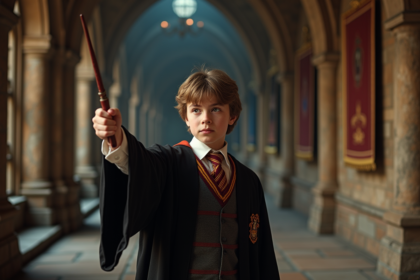 Jeune garçon en robes de Poudlard lance un sort puissant dans un couloir ancien