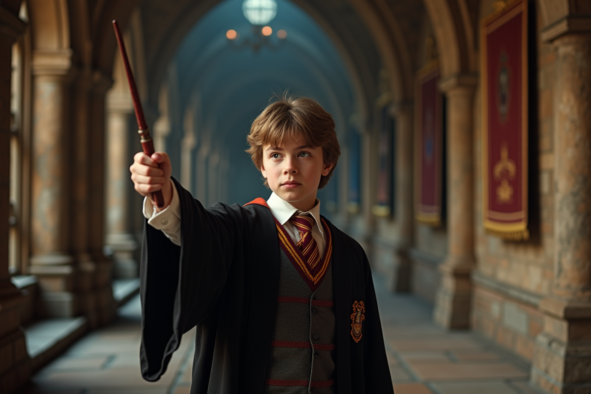 Jeune garçon en robes de Poudlard lance un sort puissant dans un couloir ancien
