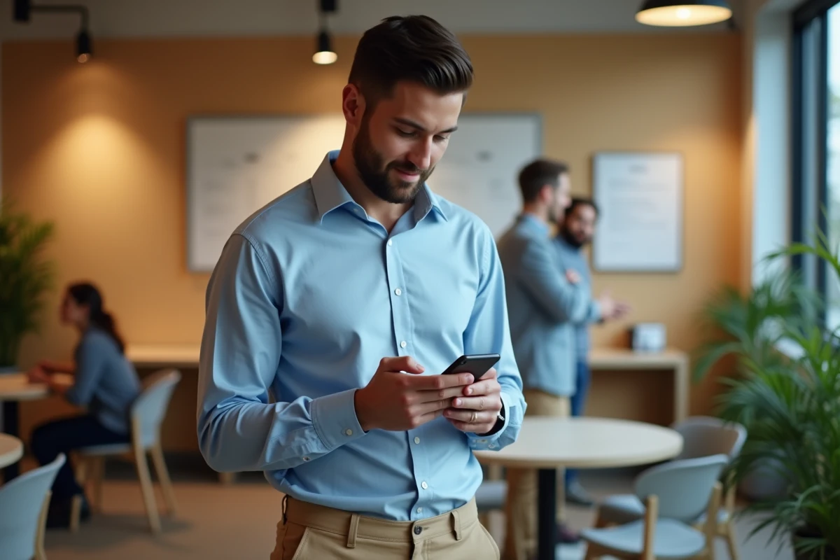 Jeune homme en tenue décontractée envoyant un message dans la salle de pause