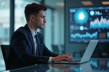 Jeune homme en costume travaillant sur un ordinateur avec blockchain en arrière-plan