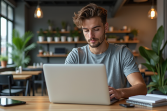 Jeune homme travaillant sur un laptop dans un espace coworking créatif