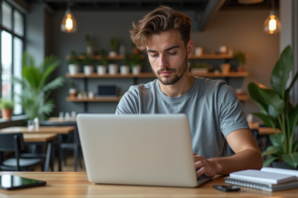 Jeune homme travaillant sur un laptop dans un espace coworking créatif