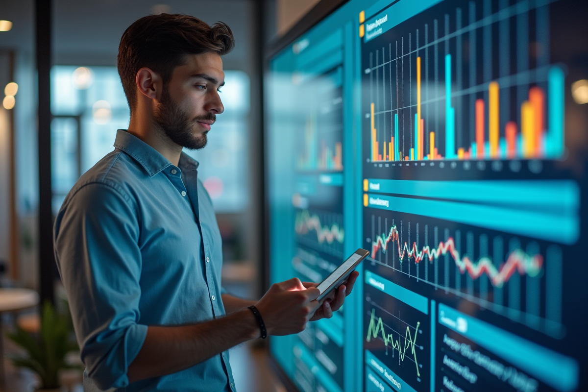 Jeune homme expliquant des données sur un grand écran digital