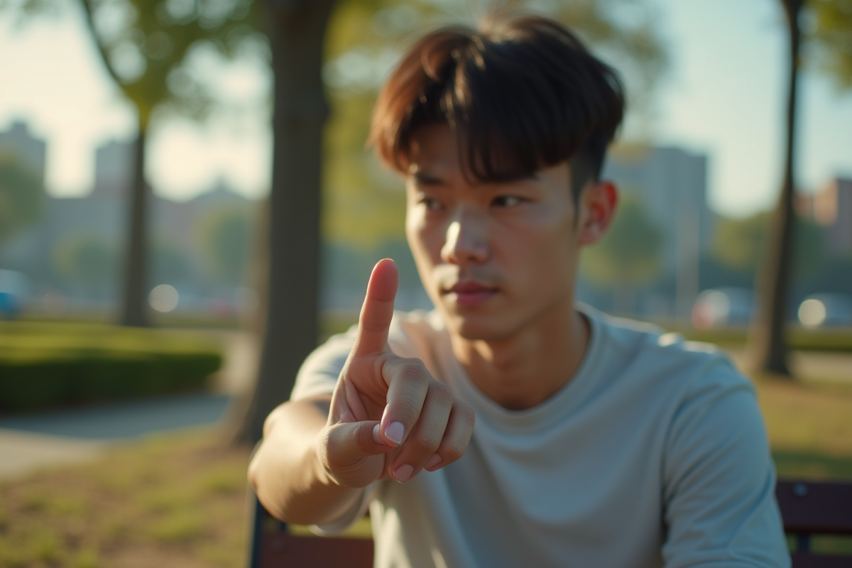 Jeune homme regardant son empreinte au parc