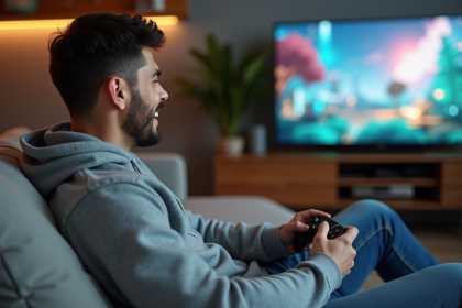 Jeune homme jouant à un jeu vidéo dans un salon moderne