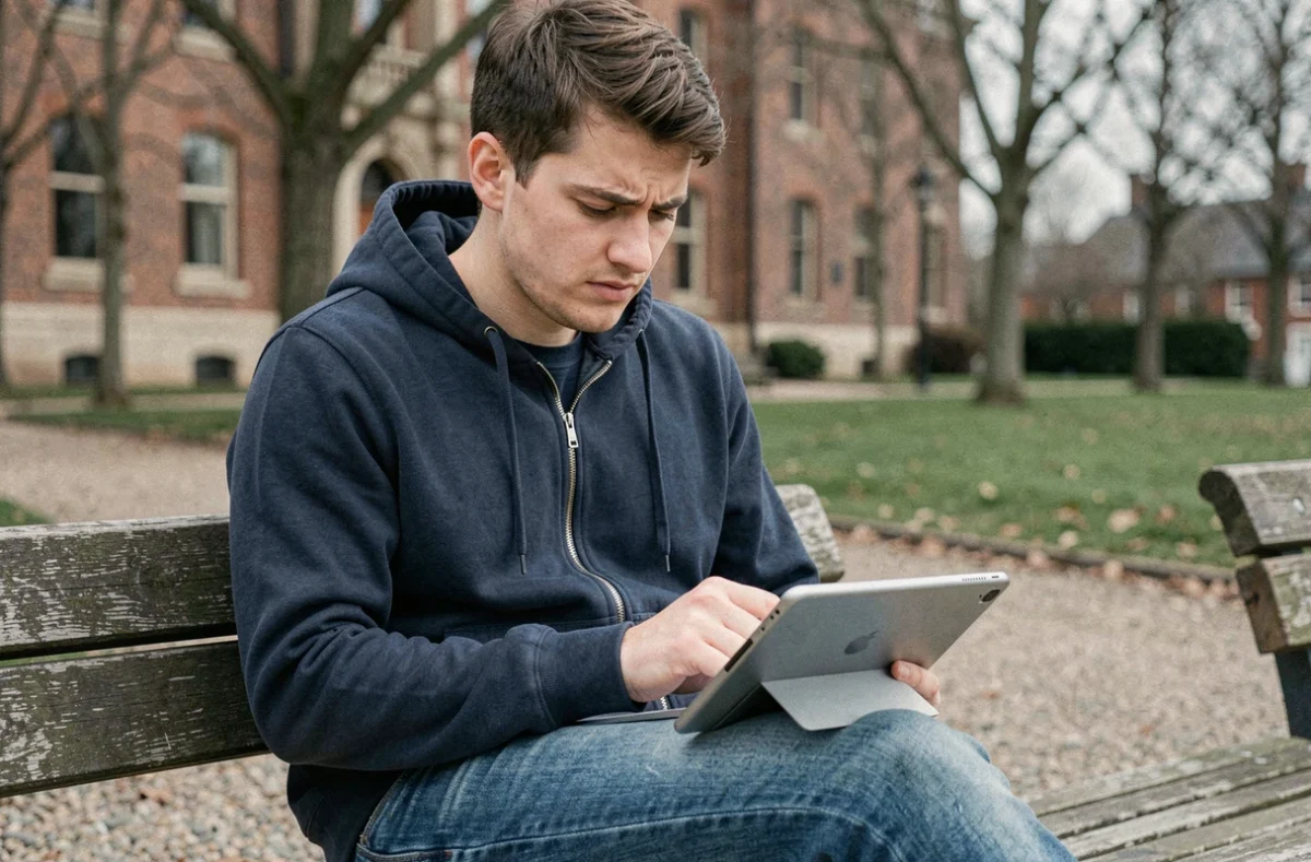 Jeune homme paramétrant sa messagerie Nantes sur tablette dans un parc urbain