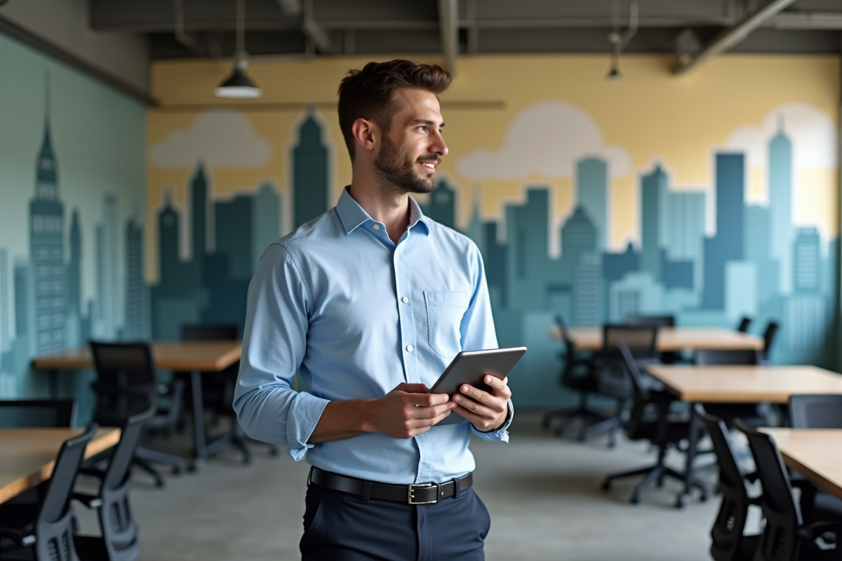 Jeune homme souriant tenant une tablette devant un mur urbain
