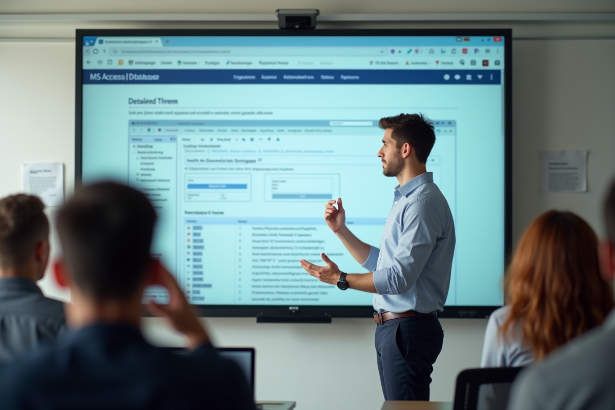Jeune homme expliquant une base de données MS Access en formation