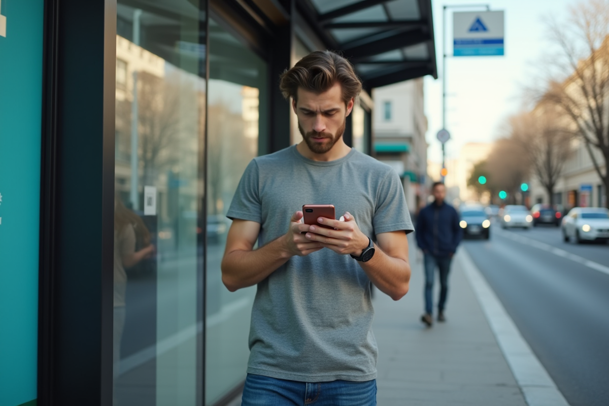 Jeune homme au arrêt de bus utilisant son téléphone