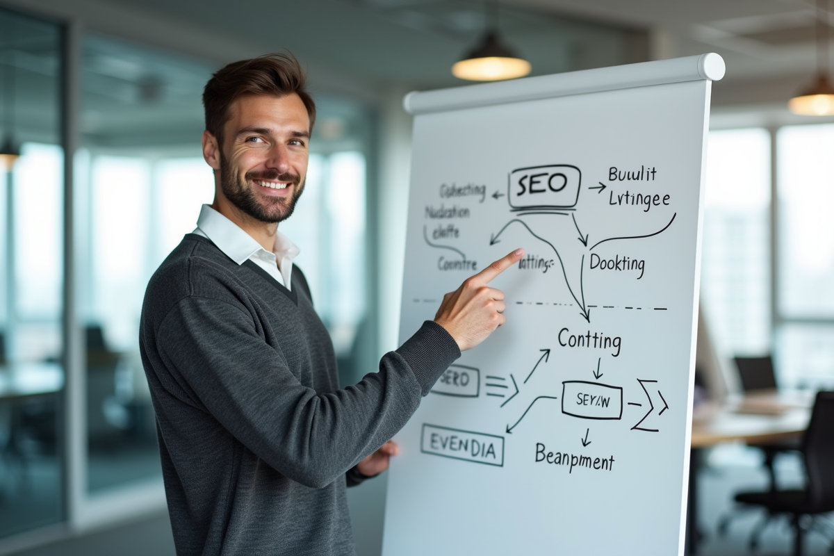Jeune homme expliquant des diagrammes SEO devant un tableau blanc