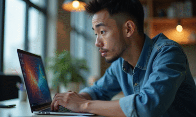 Jeune professionnel concentré sur son ordinateur portable