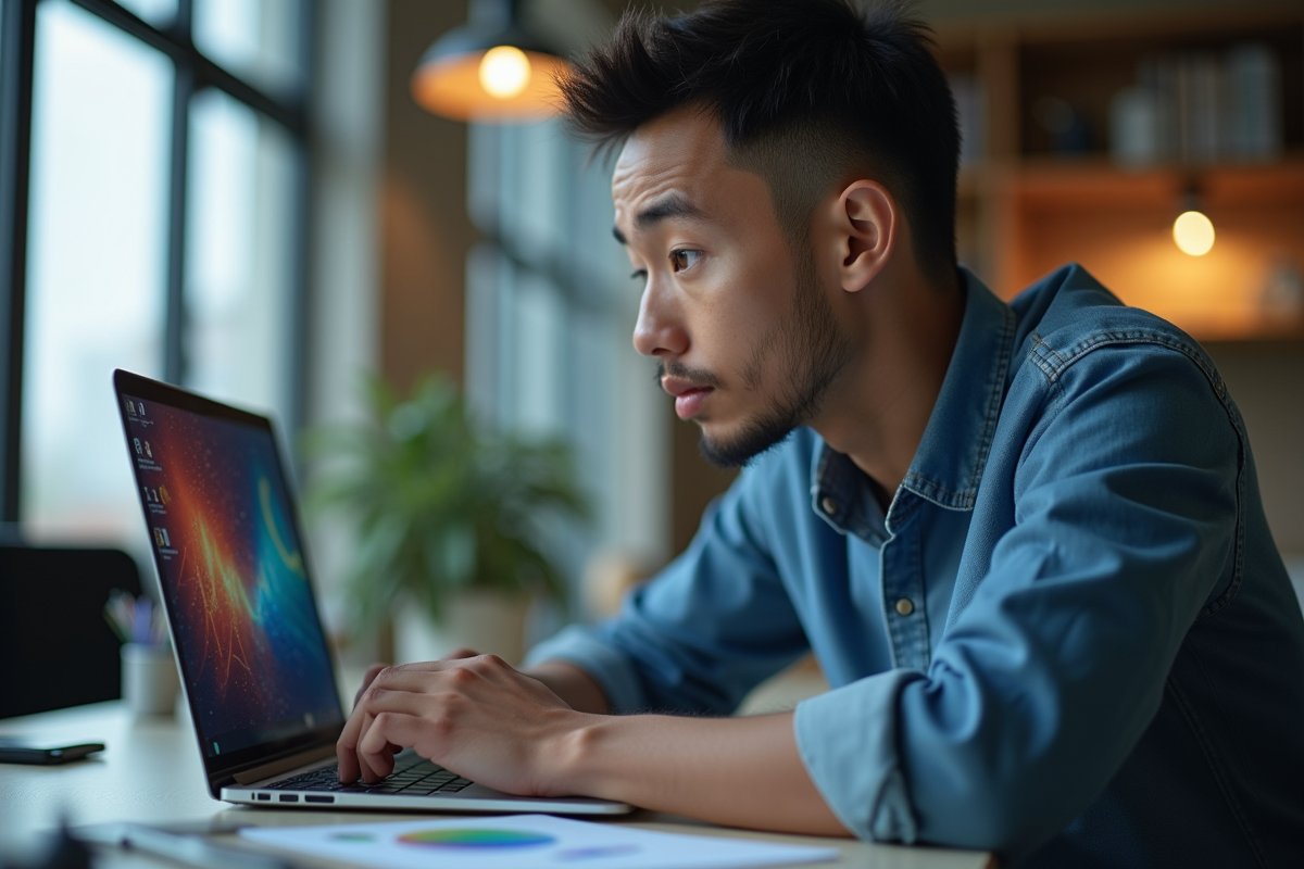 Jeune professionnel concentré sur son ordinateur portable