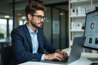Jeune homme professionnel travaillant sur un ordinateur en bureau moderne