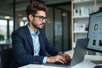 Jeune homme professionnel travaillant sur un ordinateur en bureau moderne