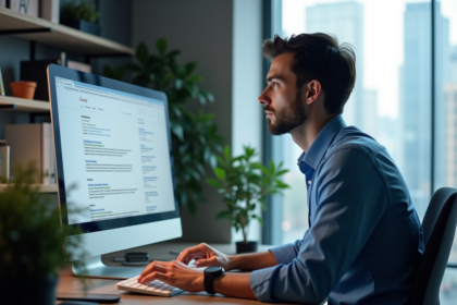 Jeune homme professionnel travaillant sur un ordinateur dans un bureau moderne