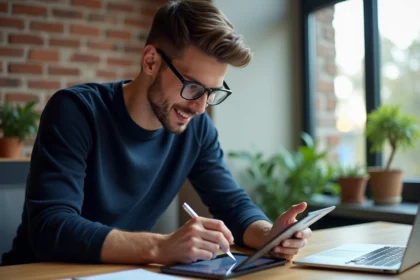 Jeune web designer en bureau moderne avec tablette et ordinateur